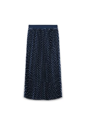 Gonna a pieghe blu navy con pois bianchi. Vita elasticizzata per il massimo comfort. Tessuto leggero con finitura testurizzata.