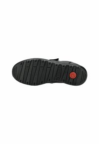 Black sneaker sole with textured rubber, featuring horizontal and vertical grooves for grip and a red circular accent near the heel.