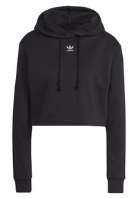 Svart kort hoodie i mjukt tyg, med dragsko i huvan, ribbade muddar och en liten vit Adidas-logga på bröstet.