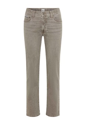 Gerade geschnittene Jeans aus hellgrauem Denim mit vorderer Knopfleiste, Reißverschluss, Gürtelschlaufen sowie vorderen und hinteren Taschen.