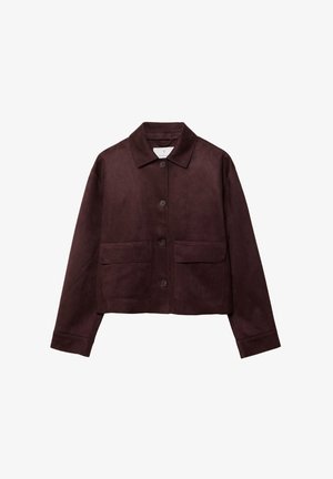 Short brown suede jacket with a collar, front button closure, and two large patch pockets. Features long sleeves and a cropped design.