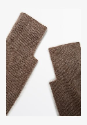 Brown knit fingerless gloves made of soft, fuzzy material. They feature a ribbed texture and a mid-length cuff design.