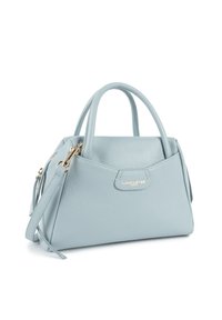 Borsa in pelle blu chiaro con hardware dorato, doppio manico superiore, chiusura con zip e forma strutturata. Presenta una placca con logo sul davanti.