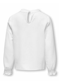 Weiße Bluse mit langen Ärmeln aus strukturiertem Stoff, ausgestattet mit einem Schlüssellochverschluss im Rücken und elastischen Manschetten. Einfaches, klassisches Design.