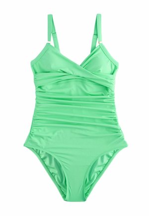 Grüner Einteiler-Badeanzug mit verstellbaren Trägern, gerafften Seiten und einem Wickel-Frontdesign.