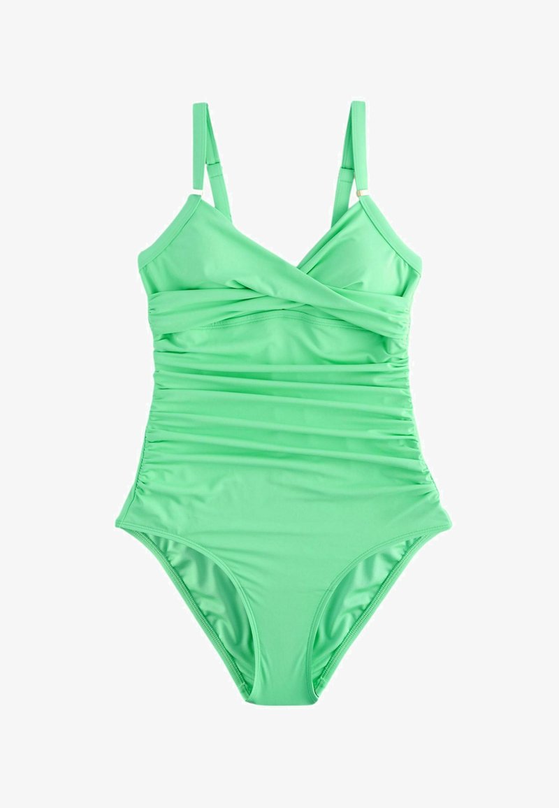 Maillot de bain une pièce vert avec bretelles réglables, côtés froncés et devant de style cache-cœur.