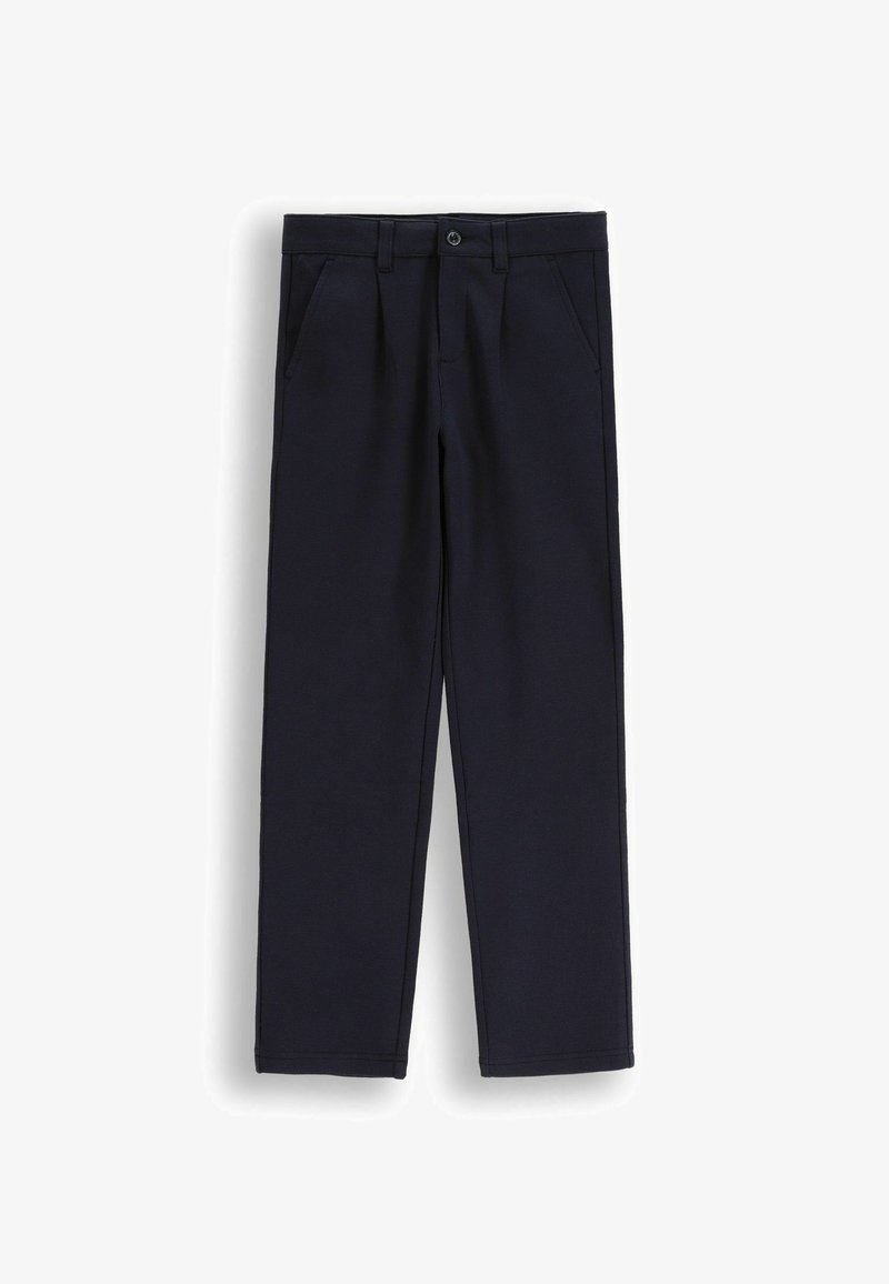 Granatowe spodnie wykonane z gładkiego materiału, z prostymi nogawkami, przednimi kieszeniami i pojedynczym zapięciem na guzik w pasie.