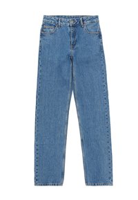 Light blue denim jeans with a straight-leg design, five pockets, belt loops, and a front button closure. Subtle texture and stitching details.