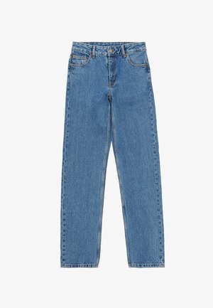 Light blue denim jeans with a straight-leg design, five pockets, belt loops, and a front button closure. Subtle texture and stitching details.