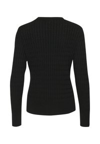 Maglione nero a coste con maniche lunghe, scollatura rotonda e texture strutturata. Presenta una silhouette aderente e un materiale in maglia morbido.
