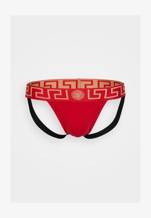 Røde herrebikini-truser med en beige midjebånd som har et gresk nøkkelmønster og logo, supplert med svarte sidestriper.