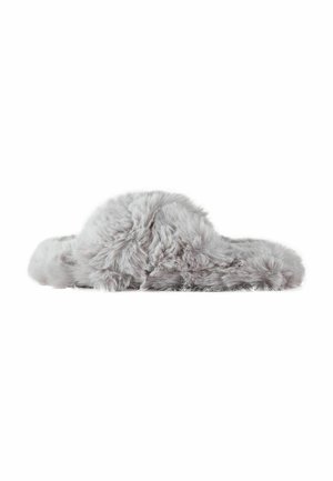Soft, fluffy gray indoor slipper with an open back and a cross strap design on a white background.
