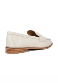 Light beige leather slip-on shoe with a low, natural wood heel and stitched detailing. Features a moccasin-style design and rounded toe.