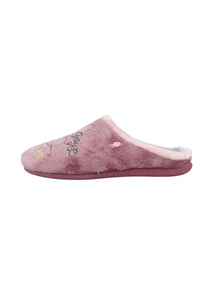 Chaussons en peluche rose avec un dessus en textile doux, un design à dos ouvert et des accents brodés. Présente une doublure intérieure en peluche et une semelle plate.