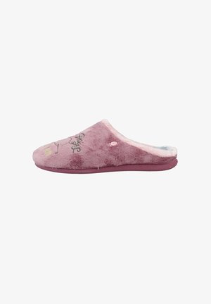 Zapatillas de casa rosas y peludas con parte superior de textil suave, diseño de abertura trasera y acentos bordados. Cuentan con un forro interior de felpa y suela plana.