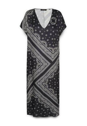 Abito nero con scollatura a V, maniche corte, caratterizzato da un motivo paisley e dettagli floreali bianchi. Tessuto leggero con una vestibilità ampia.