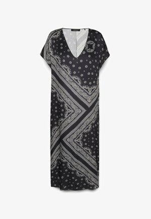 Abito nero con scollatura a V, maniche corte, caratterizzato da un motivo paisley e dettagli floreali bianchi. Tessuto leggero con una vestibilità ampia.