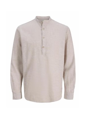 Beige Leinenhemd mit langen Ärmeln, Stehkragen und Knopfleiste mit vier Knöpfen, ausgestattet mit geknöpften Manschetten.