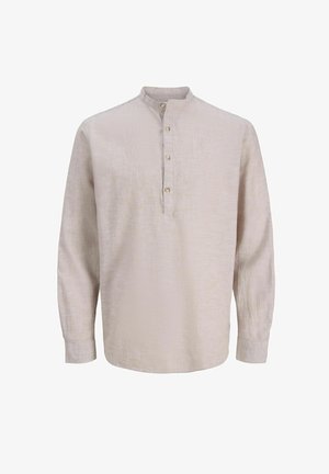 Beige Leinenhemd mit langen Ärmeln, Stehkragen und Knopfleiste mit vier Knöpfen, ausgestattet mit geknöpften Manschetten.