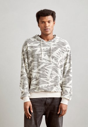 Hoodie in hellem Creme- und Graumuster, aus strukturiertem Stoff mit einer Kängurutasche sowie gerippten Bündchen und Saum.