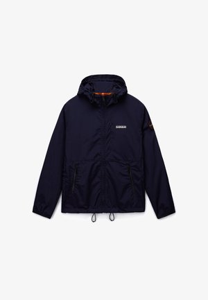 Navy blue hooded jacket with front zipper, two zippered pockets, chest logo, sleeve patch, and adjustable drawstrings at hood and hem.