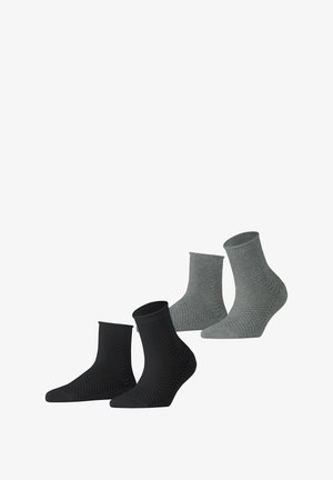 Schwarze und graue Knöchelsocken mit einem strukturierten Muster, einem gerippten Bund und verstärktem Zehenbereich, geeignet für Freizeitkleidung.