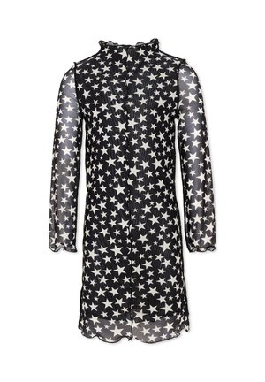 Abito lungo nero in tessuto trasparente con maniche lunghe, motivo a stelle bianche, collo alto e polsini e orlo arricciati.