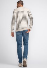 Beige striped sweater with navy stripes, ribbed cuffs, and hem. Worn with light blue jeans and white sneakers, viewed from the back.