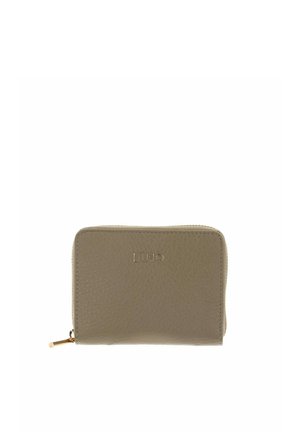 Portafoglio compatto in pelle taupe con zip dorata e logo "LIU JO" impresso in oro al centro sul davanti.