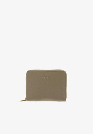 Portafoglio compatto in pelle taupe con zip dorata e logo "LIU JO" impresso in oro al centro sul davanti.