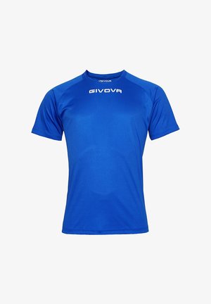 Modrá sportovní košile s krátkým rukávem vyrobená z funkčního materiálu, který odvádí vlhkost. Má hladkou strukturu a bílé logo na přední straně.