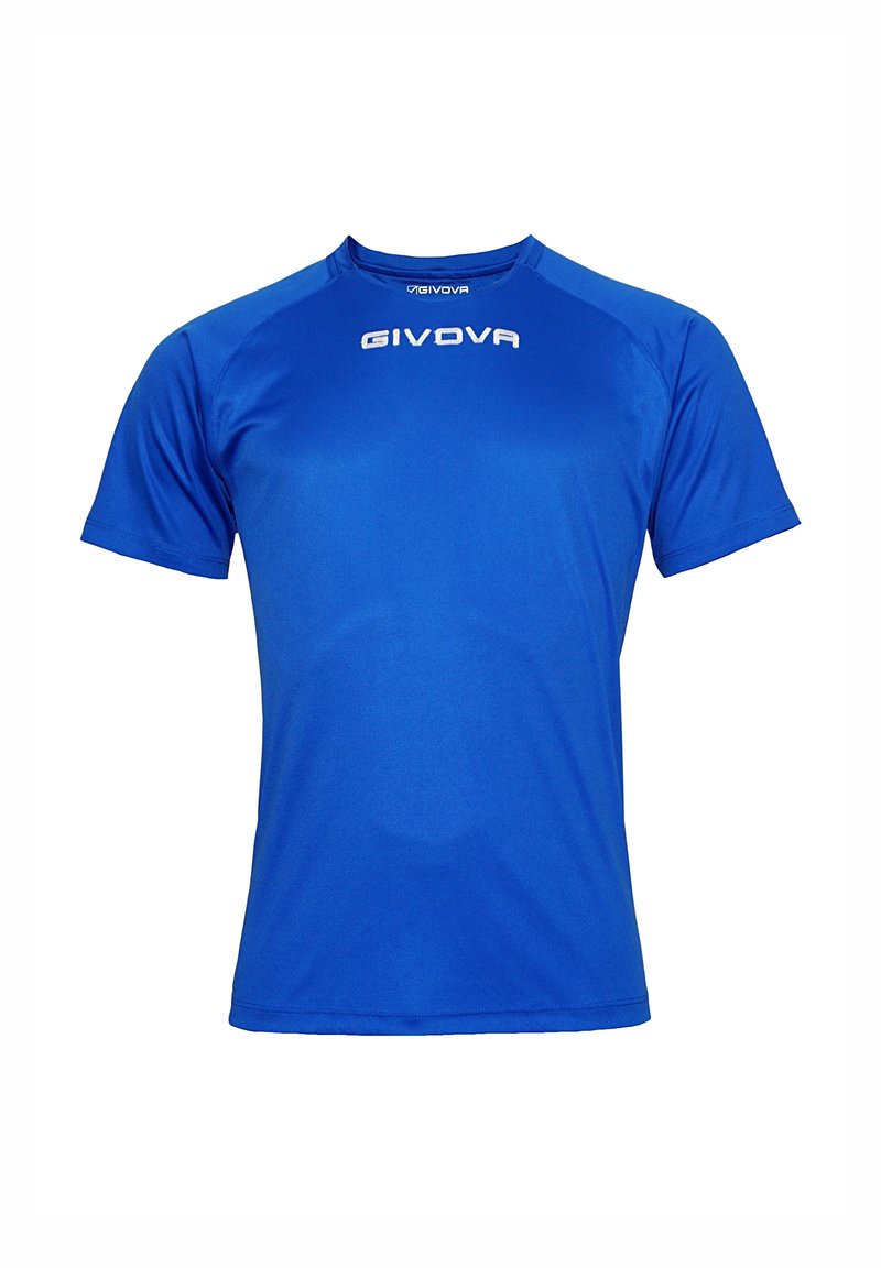 Blauw sportshirt met korte mouwen, gemaakt van vochtafvoerende stof. Heeft een gladde textuur en een wit logo aan de voorkant.