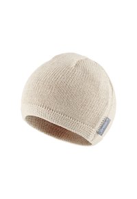 Knit beanie in light beige with a textured pattern, featuring a turned-up cuff and a small logo tag on the side.
