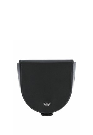 Compact black leather crossbody bag with curved flap and small silver logo centered at the bottom.