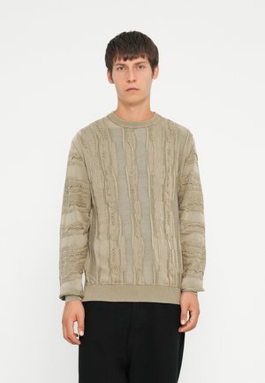Light beige textured sweater with a ribbed crew neck, featuring raised patterns and long sleeves. Styled with black pants.