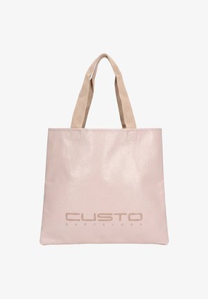 Borsa tote rosa chiaro con manici beige e logo "Custo Barcelona" stampato in rosa coordinato al centro frontale.