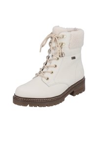Witte enkellaarsjes met een nep-bont manchet, veters en gouden hardware. Kenmerken een getextureerde afwerking en een chunky bruine zool met profiel.