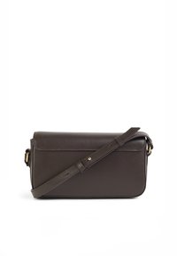 Brown leather crossbody bag with a rectangular shape, flat design, adjustable strap, and gold hardware accents. Smooth texture with no patterns.