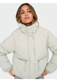 Chaqueta acolchada de color gris claro con cuello alto, bolsillos con cremallera, puños elásticos y forma redondeada para mayor calidez y comodidad.