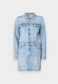 Denim obleka v svetlo modri barvi, z dolgimi rokavi, z zapiranjem na gumb, dvema žepoma na prsih in pasom. Gladka tekstura s klasičnim dizajnom.