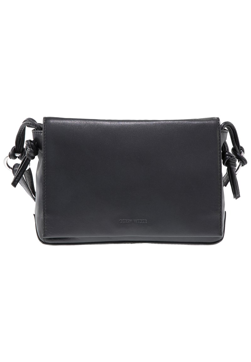 Borsa a tracolla in pelle nera con una superficie liscia, forma rettangolare, dettagli annodati sul manico e un sottile logo del marchio sulla parte anteriore.
