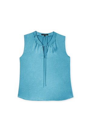 Ärmelloses Oberteil aus leuchtend blauem Stoff, mit einem runden Ausschnitt und Raffung sowie einem Bindeband in der Vordermitte. Glatte Textur.