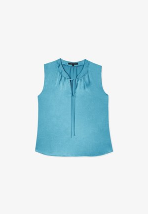 Ärmelloses Oberteil aus leuchtend blauem Stoff, mit einem runden Ausschnitt und Raffung sowie einem Bindeband in der Vordermitte. Glatte Textur.