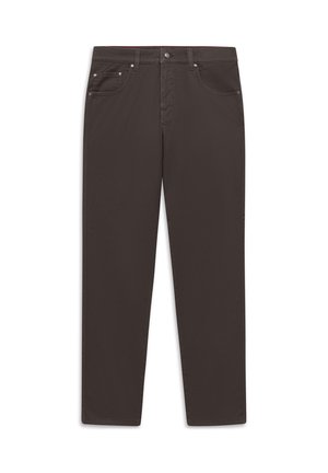 Dunkelbraune Hose mit geradem Bein, Vordertaschen, Gürtelschlaufen, Knopfverschluss und sichtbaren Nähten auf weißem Hintergrund.