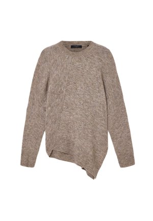 Beige gebreide trui met een ronde hals, asymmetrische zoom, ribgebreide manchetten en een textuurpatroon. Gemaakt van een zachte, warme stof.