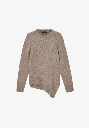 Beige strikket sweater med rund hals, asymmetrisk kant, ribbede ærmer og et struktureret mønster. Lavet af et blødt, varmt stof.