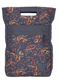 Marineblaues Täschchen mit rotem und gelbem Blumenmuster. Hergestellt aus strapazierfähigem Material, verfügt es über einen oberen Tragegriff und eine Vordertasche mit Reißverschluss.