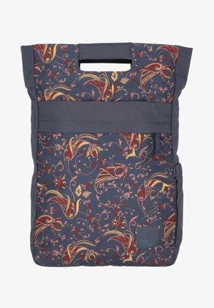Marineblaues Täschchen mit rotem und gelbem Blumenmuster. Hergestellt aus strapazierfähigem Material, verfügt es über einen oberen Tragegriff und eine Vordertasche mit Reißverschluss.