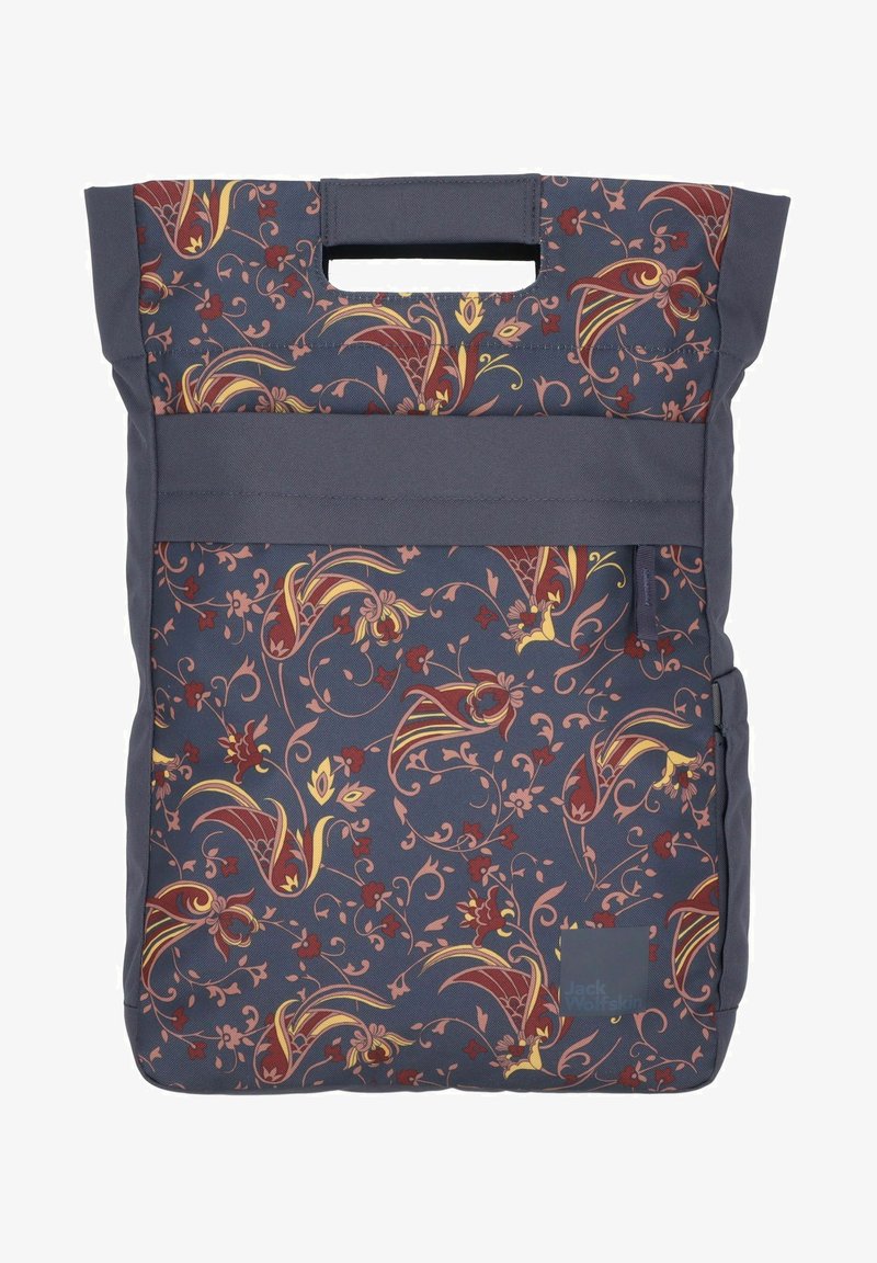 Marineblaues Täschchen mit rotem und gelbem Blumenmuster. Hergestellt aus strapazierfähigem Material, verfügt es über einen oberen Tragegriff und eine Vordertasche mit Reißverschluss.