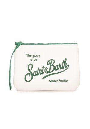 Piccola pochette bianca con zip, rifinita in verde e con testo ricamato "The place to be Saint Barth Summer Paradise."
